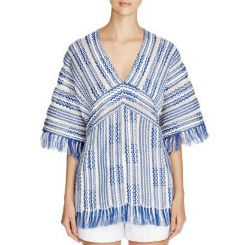 282. Tory Burch Gwen Stripe Fringe Linen Tunic Blue Small